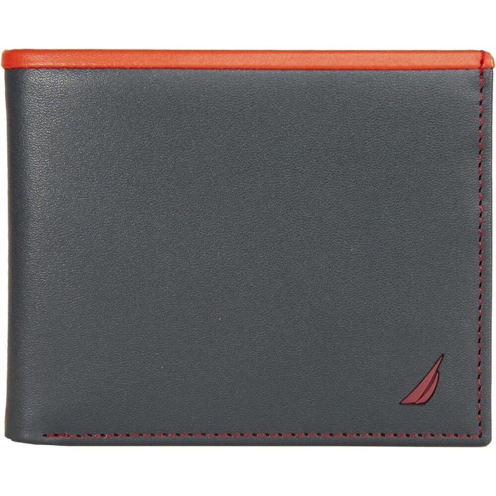 Men's Navy/Red Bifold Leather Wallet Rfid Blocking Id Window Card Slots
